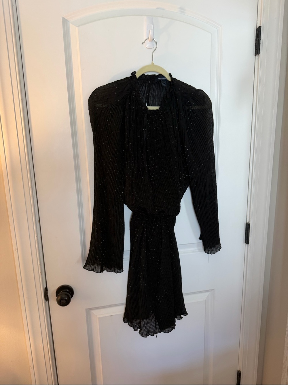 French Connection Black Sparkle Pleated Long-Sleeve Dress with Belt
